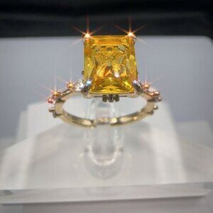 Yellow CZ Radiant Cut Ring Gold Plated Brass Size 5-11